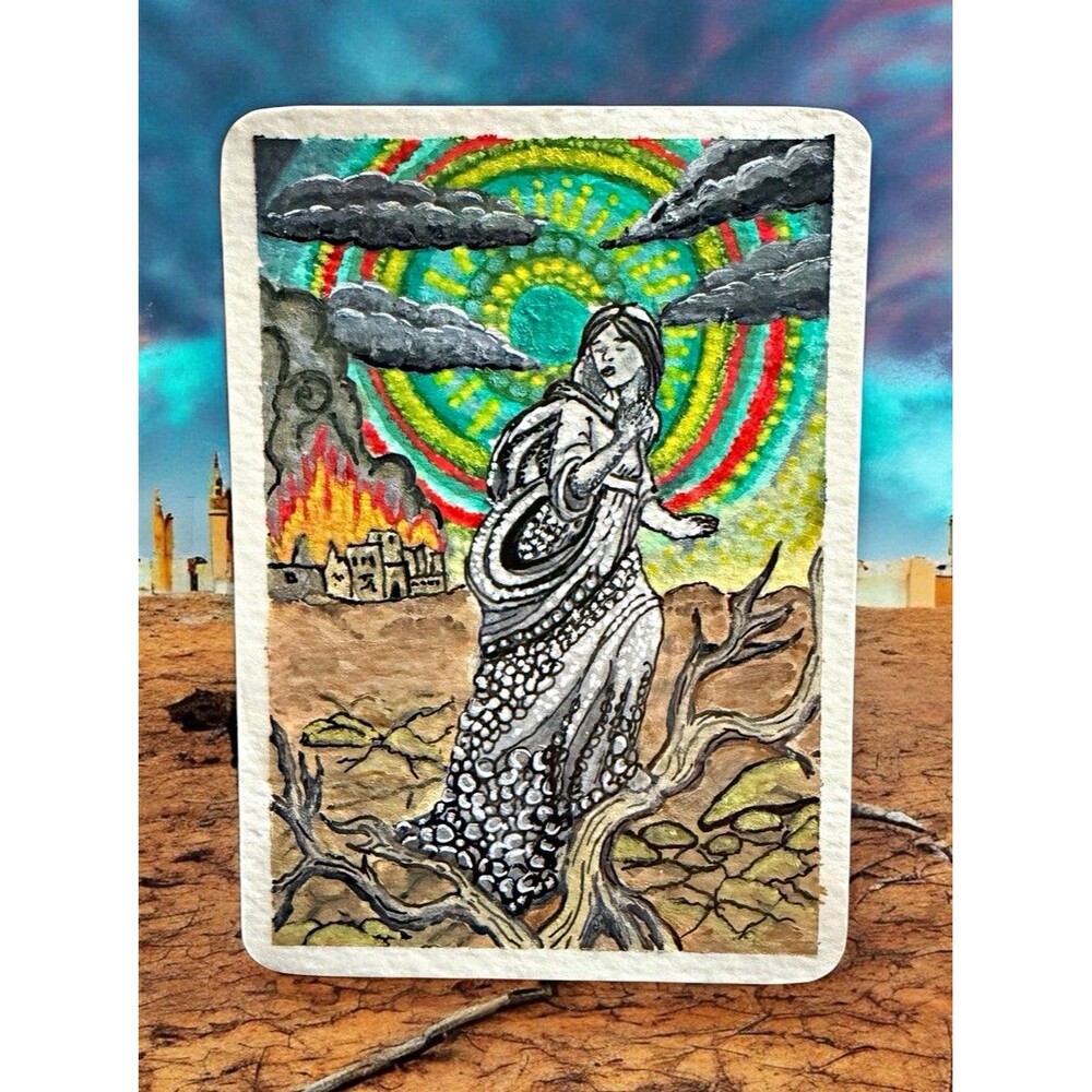 ACEO Original Escaping Sodom Bible Acrylic Marker Mini Painting 3.5 x 2.5 Art